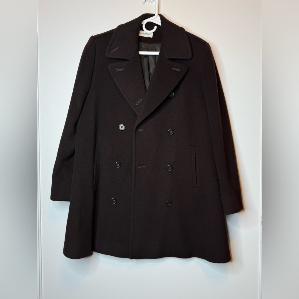 Calvin Klein Women's 100% Wool Double-Breasted Peacoat -Chocolate Brown - Picture 2 of 14